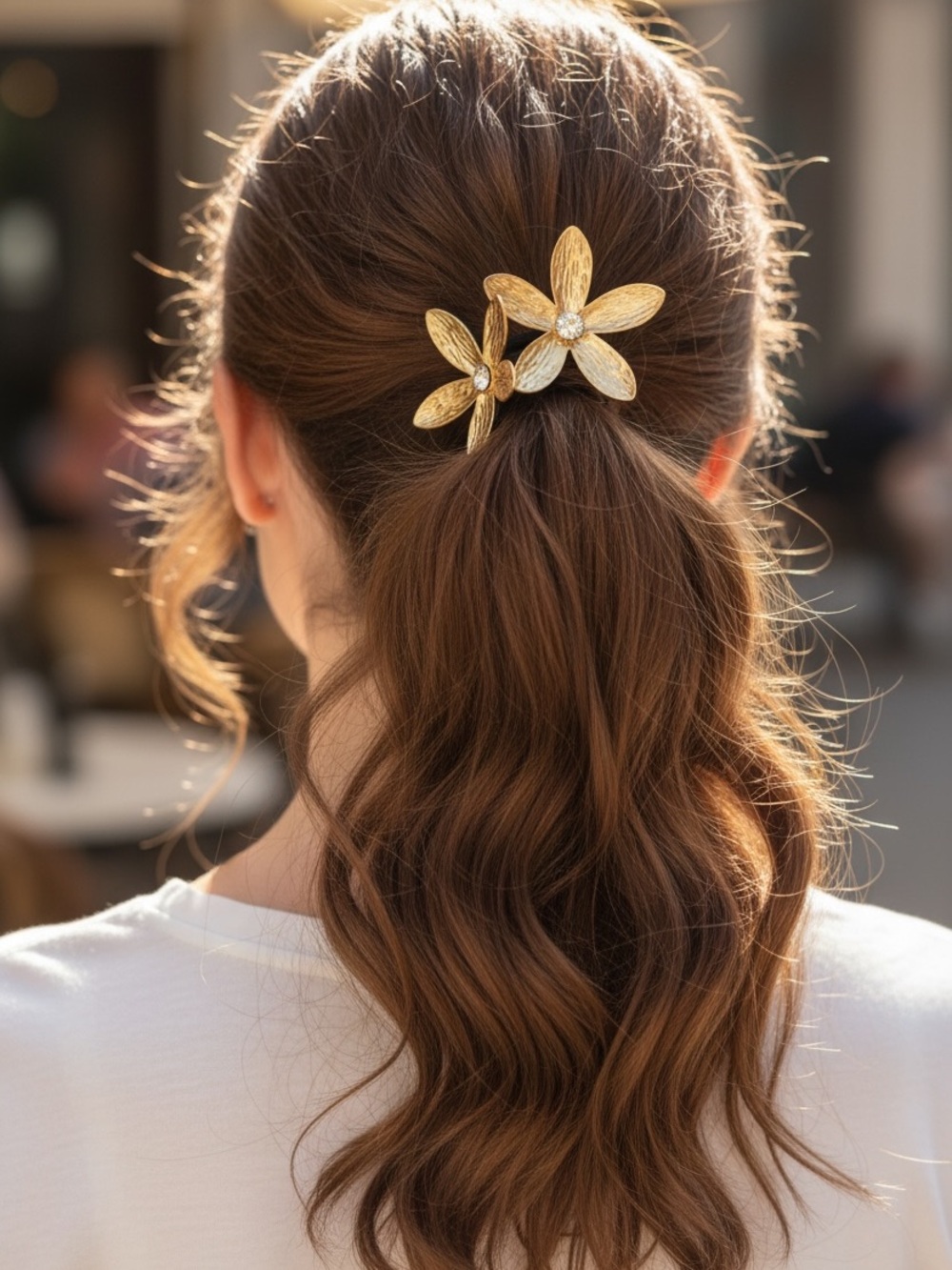 Mint Gold Tone Hammered Flower Hair Ties with Clear Gem Centers Pack of 2